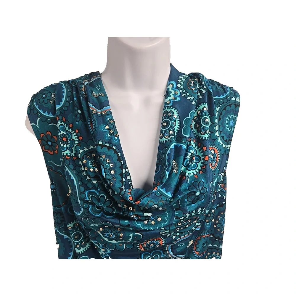 International Consept Womens Blouse Blues Cowl Neck Sleeveless Sequined Size M